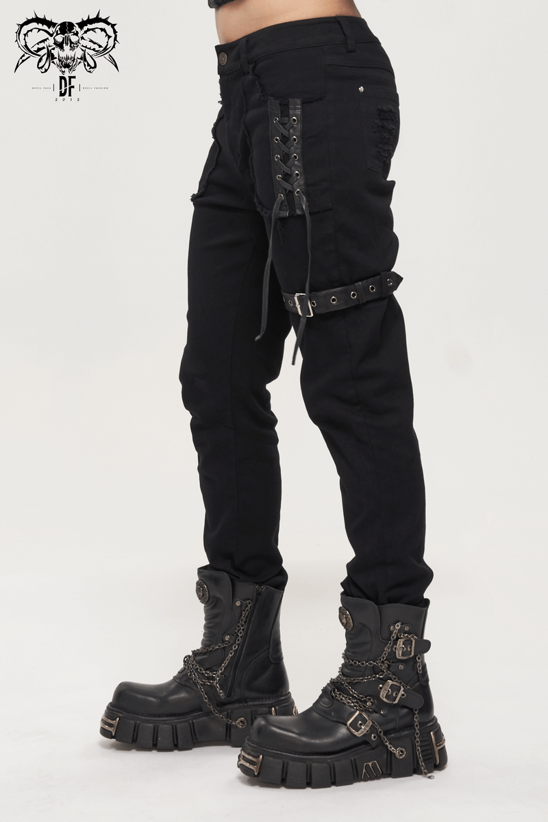 Men's gothic punk trousers in black with stylish lacing and buckle belt, paired with trendy combat boots.