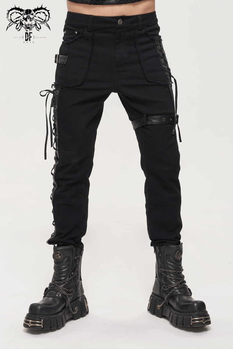 Men's Gothic punk trousers with lacing detail and buckle belt, styled with edgy black combat boots.
