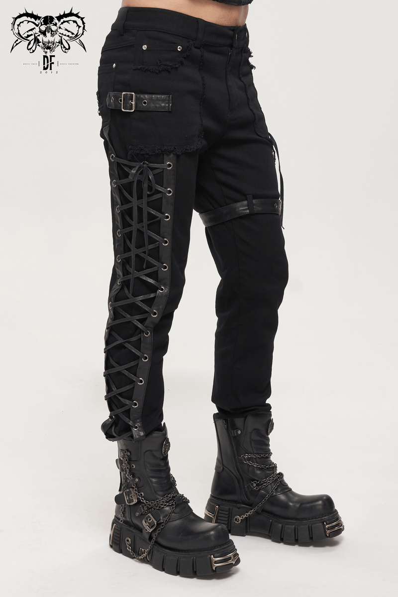 Men's Gothic punk trousers featuring a stylish buckle belt and lacing on the leg, paired with bold black boots.