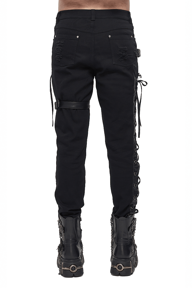 Gothic Punk Straight Trousers With Buckle Belt / Men's Pants with Lacing on Leg and Pocket - HARD'N'HEAVY