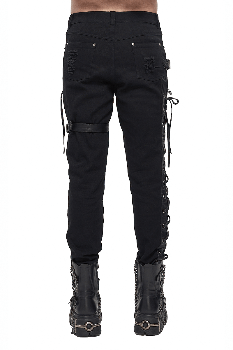 Men's black gothic punk trousers with lacing detail and buckle belt, showcasing a trendy back view.