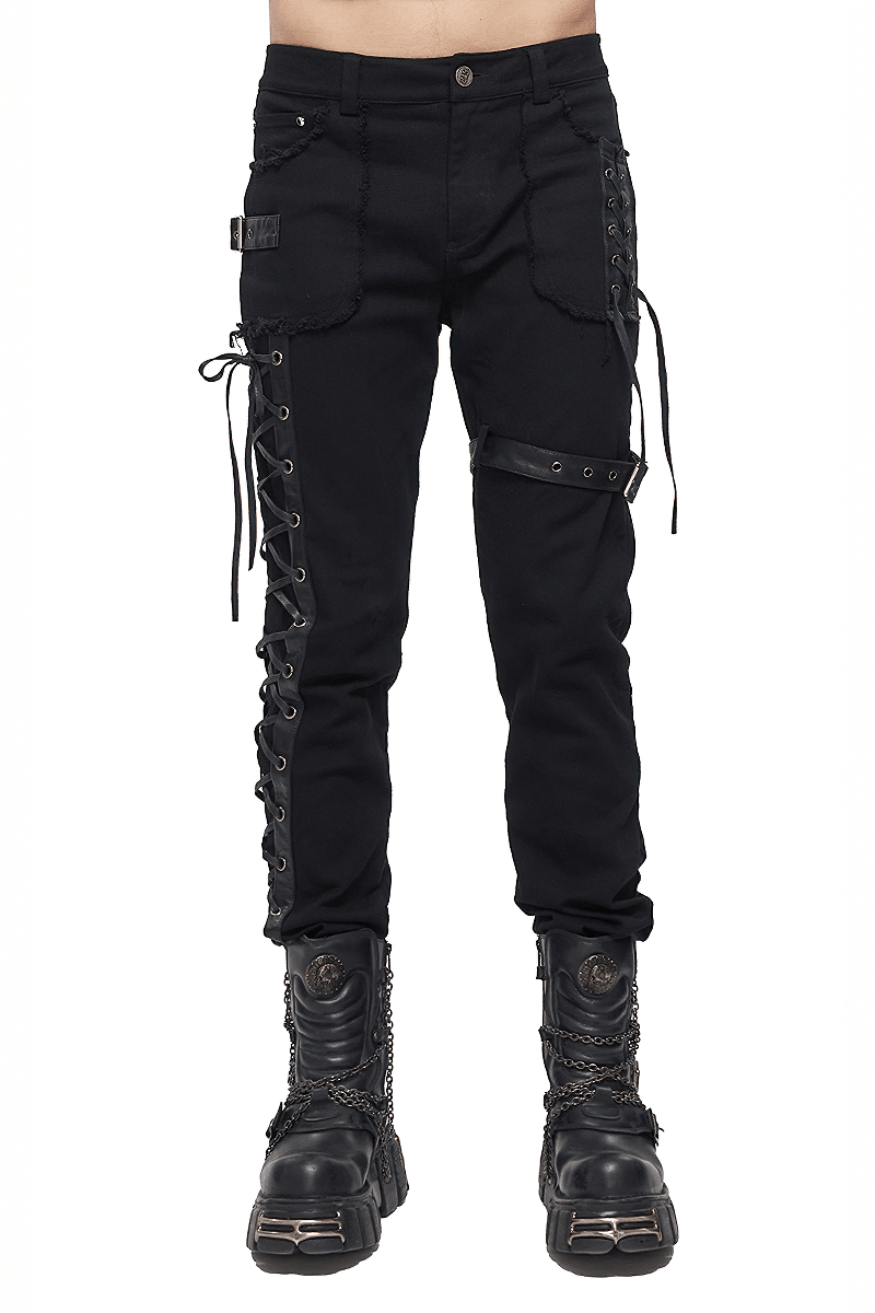 Gothic Punk Straight Trousers With Buckle Belt / Men's Pants with Lacing on Leg and Pocket - HARD'N'HEAVY