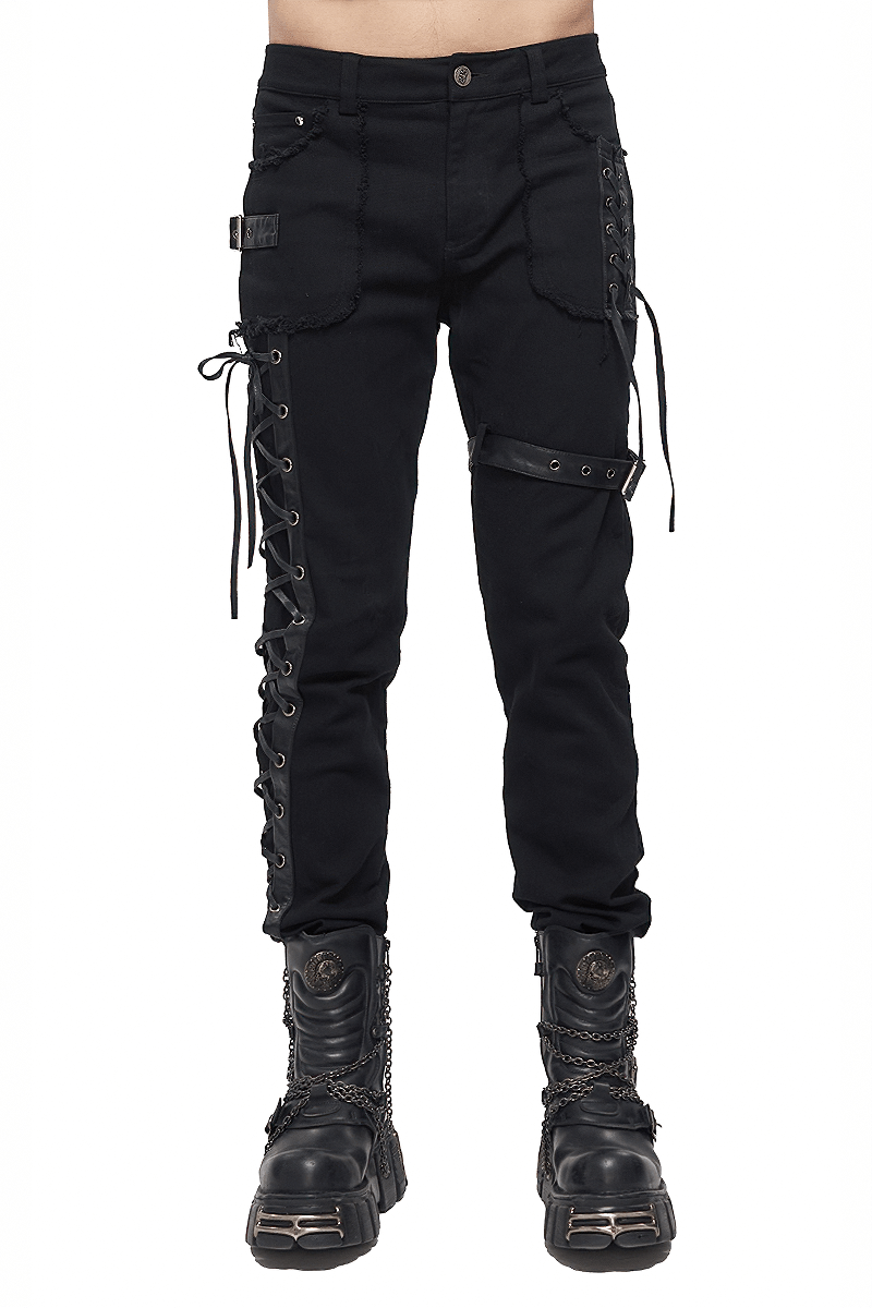 Gothic punk men's black trousers featuring lacing on the leg and stylish buckle belt, perfect for a trendy look.