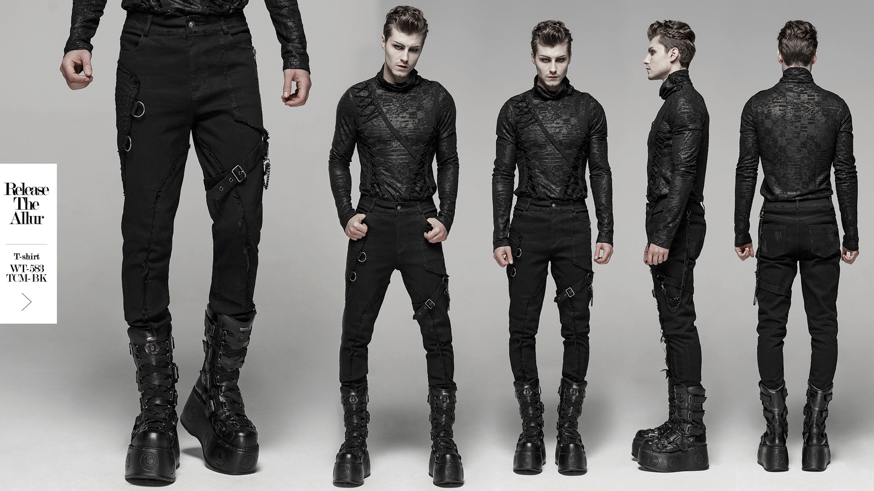 Gothic punk-style black cargo pants with chain accents and textured shirt, showcasing edgy fashion.