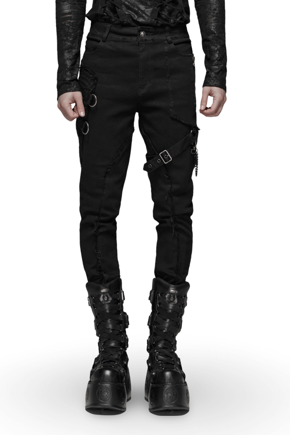 Gothic Punk-Style Black Cargo Pants with Chain Accents