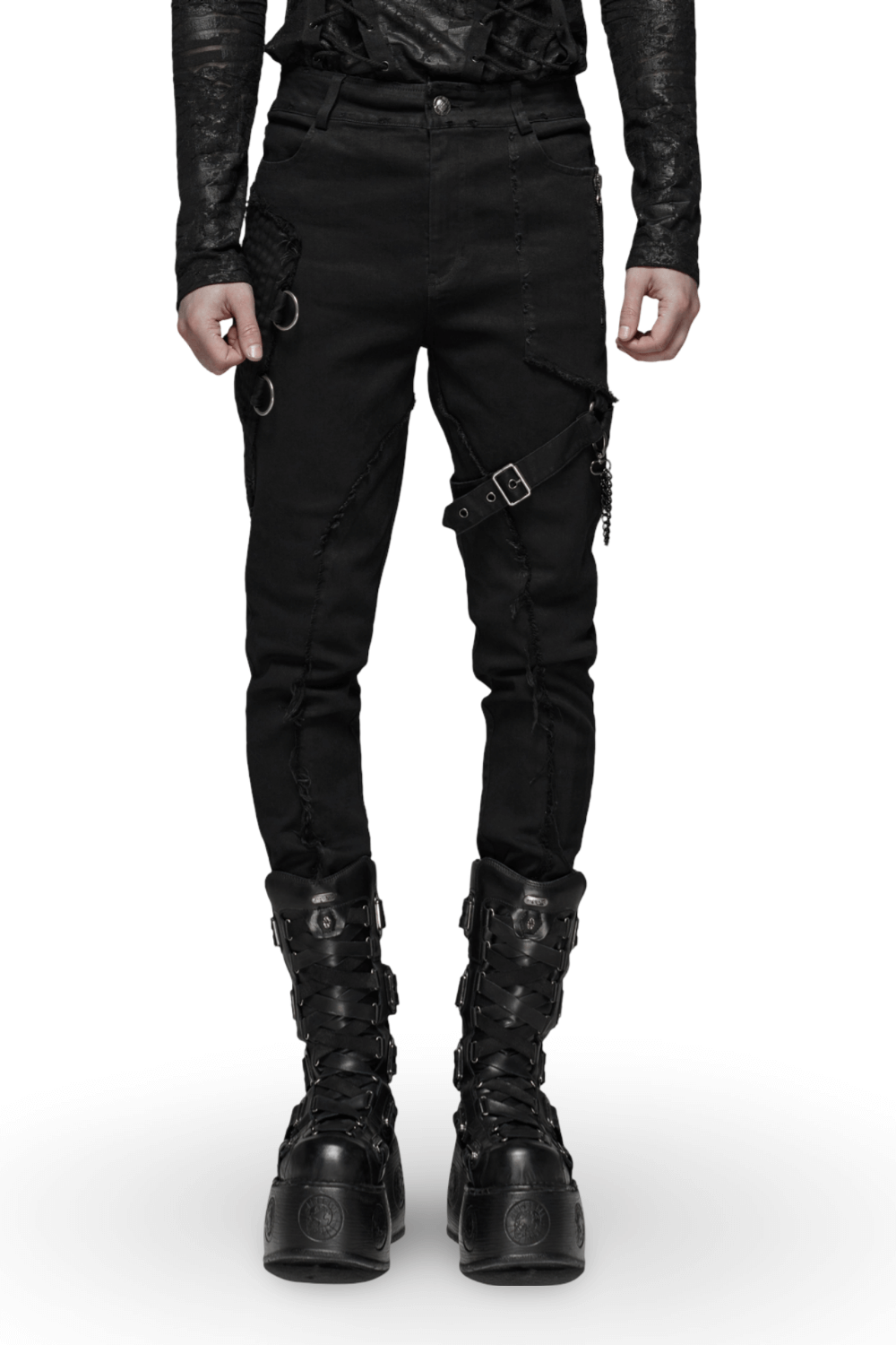 Gothic punk-style black cargo pants with chains and zips, showcasing edgy design and tailored fit.