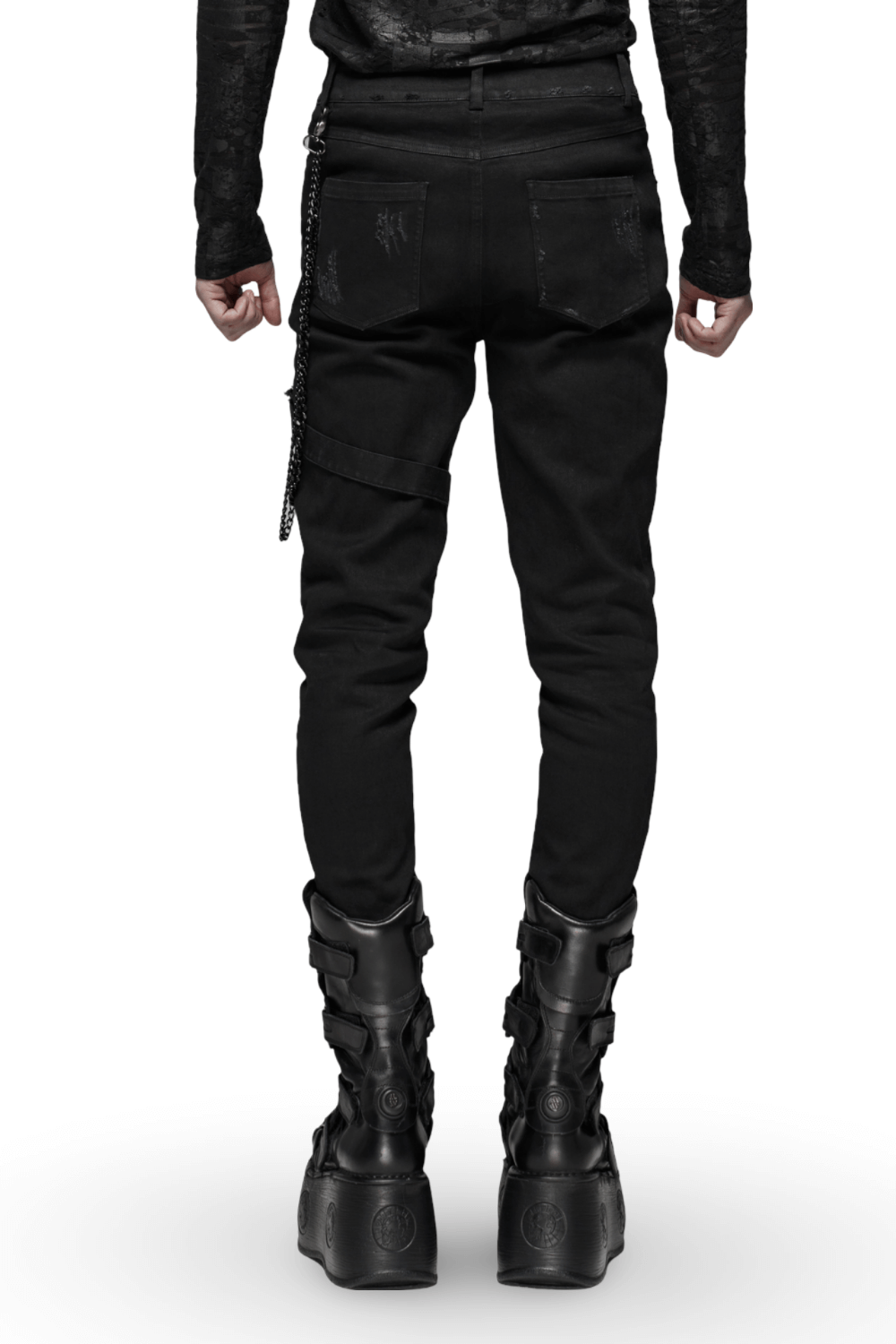 Back view of Gothic Punk-Style black cargo pants with chain accents and unique zippers, paired with edgy boots.