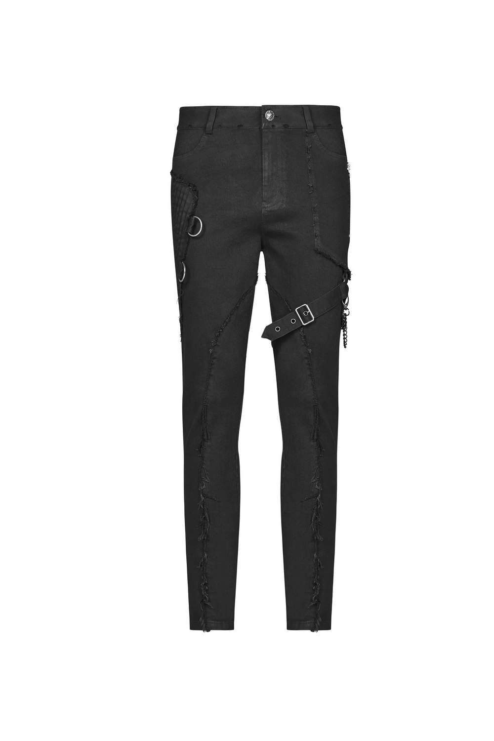 Gothic punk-style black cargo pants with chain accents and zippers for a rebellious look.