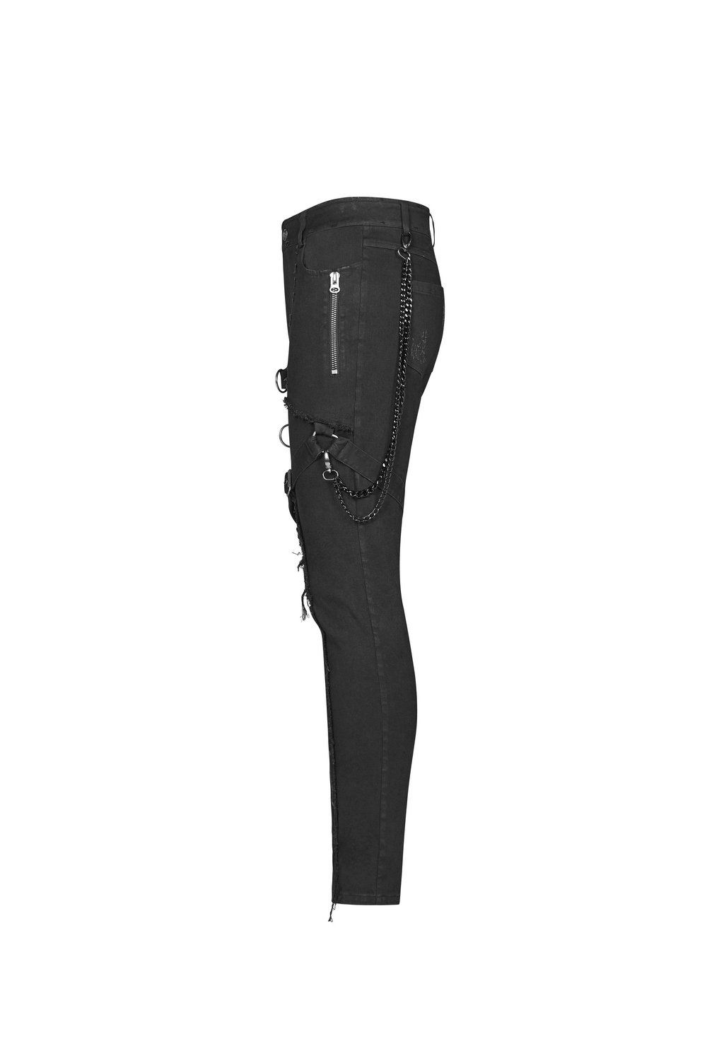 Gothic punk-style black cargo pants with chain accents, featuring a zipper and edgy design for a rebellious look.