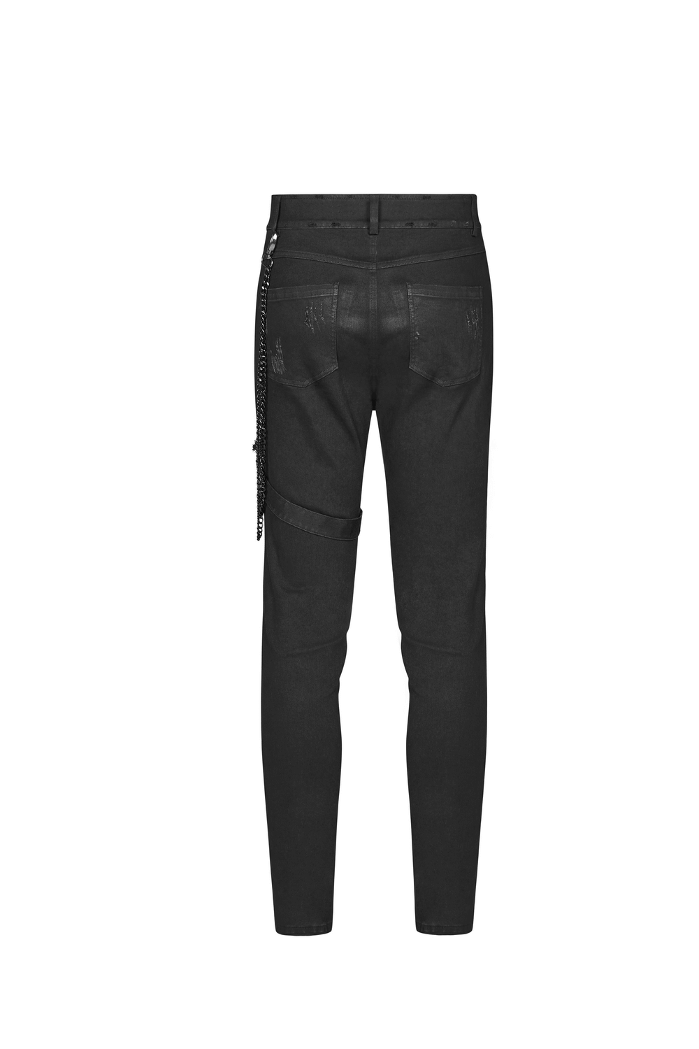 Back view of Gothic punk-style black cargo pants with chain accents and edgy design.