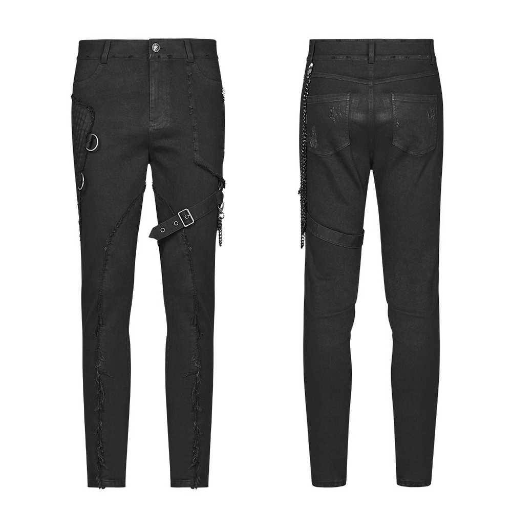 Gothic punk black cargo pants with chain accents and zippers, featuring a stylish ripped design for an edgy look.