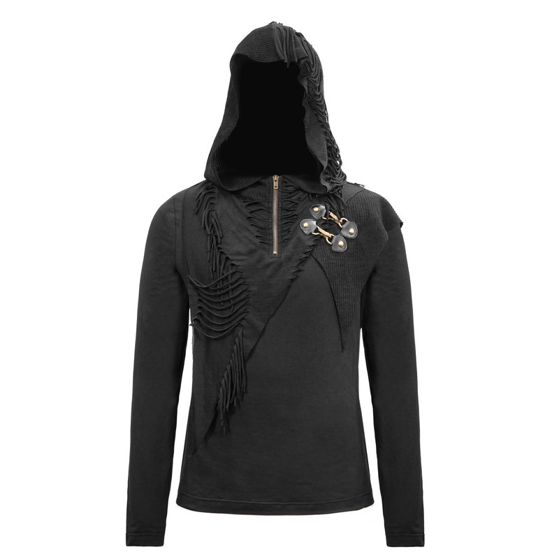 Men's black gothic hoodie with cutout, silver zipper, and stylish fringe accents in alternative fashion.