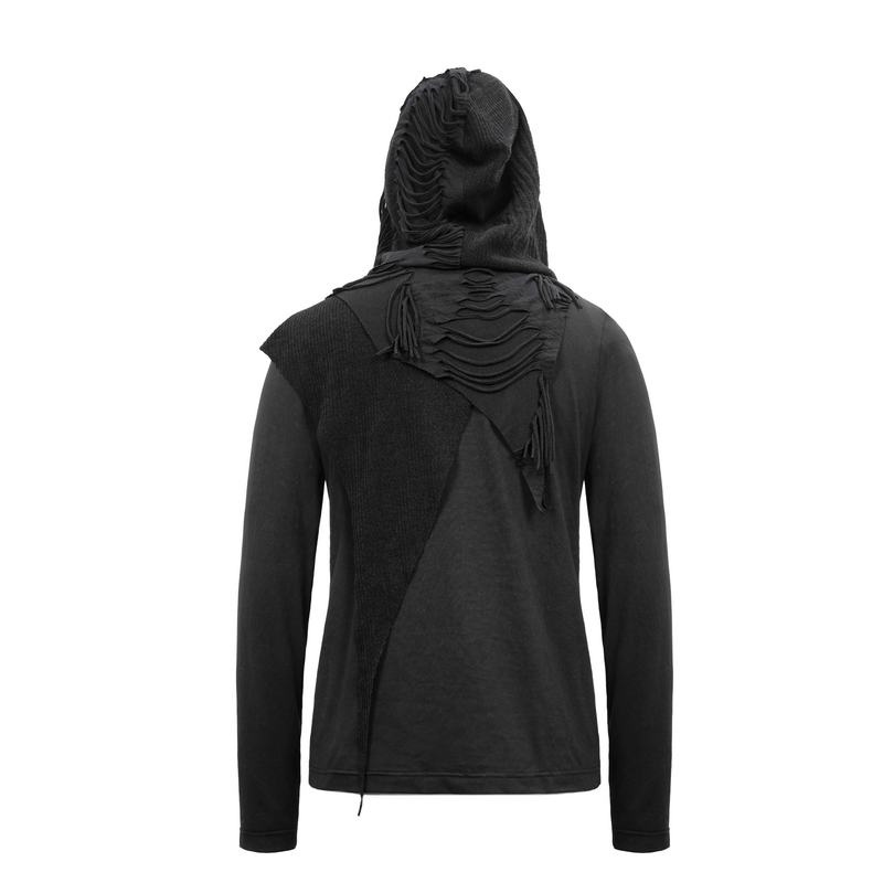 Back view of a men’s gothic punk hoodie with stylish cutouts and a textured design, perfect for alternative fashion.