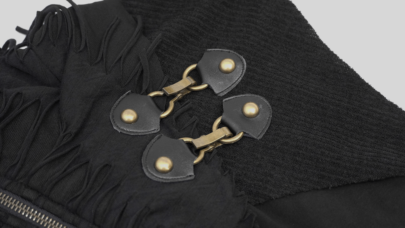 Close-up of black hoodie detailing with stylish gold zippers and trendy cutout accents for gothic fashion.