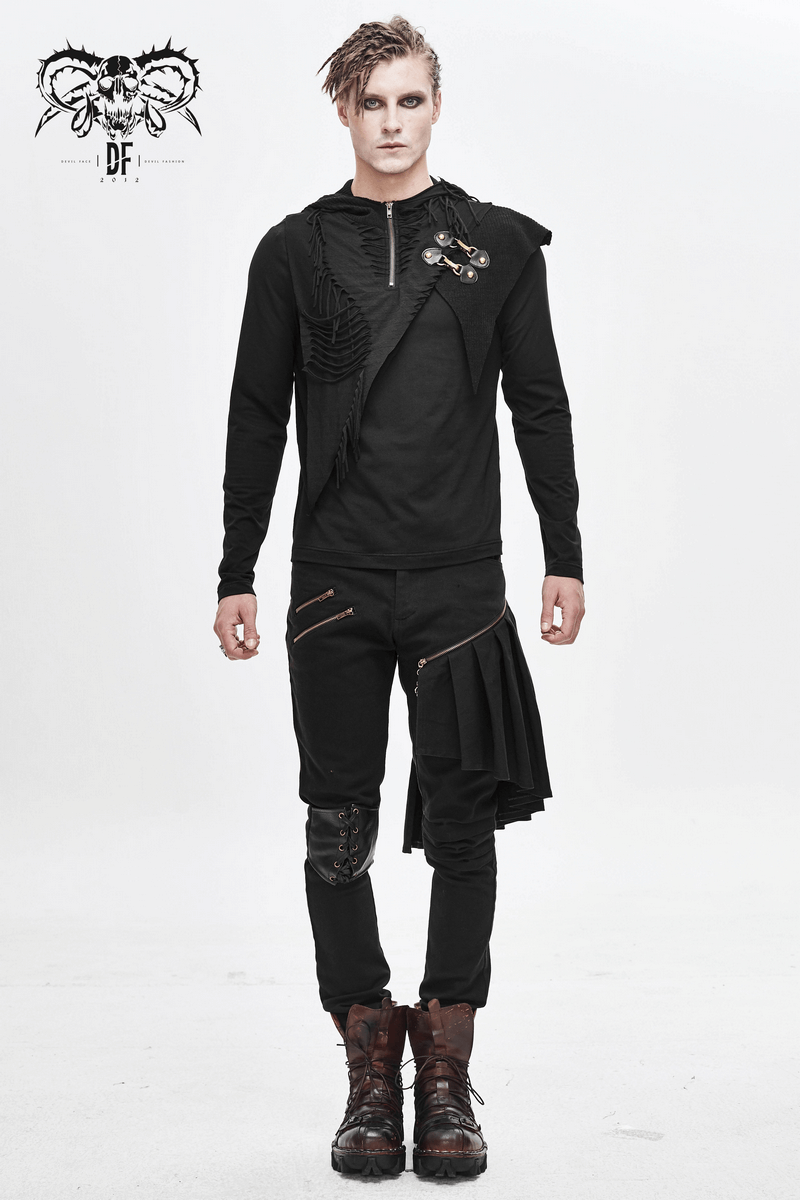 Gothic punk style model wearing a black long sleeve hoodie and edgy pants, showcasing alternative fashion trends.