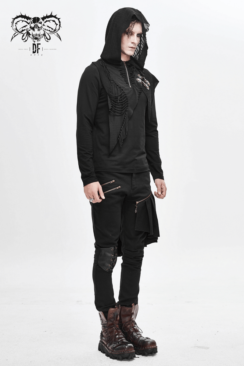 Men's gothic punk hoodie with cutouts, silver zippers, and trendy black design for alternative fashion.