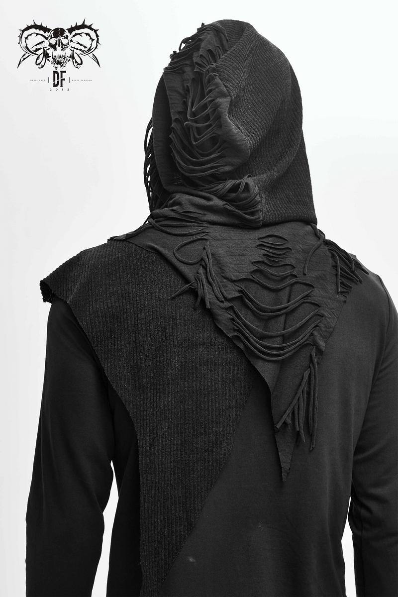 Back view of a men's gothic hoodie with unique fringe details and modern cut, perfect for alternative fashion enthusiasts.