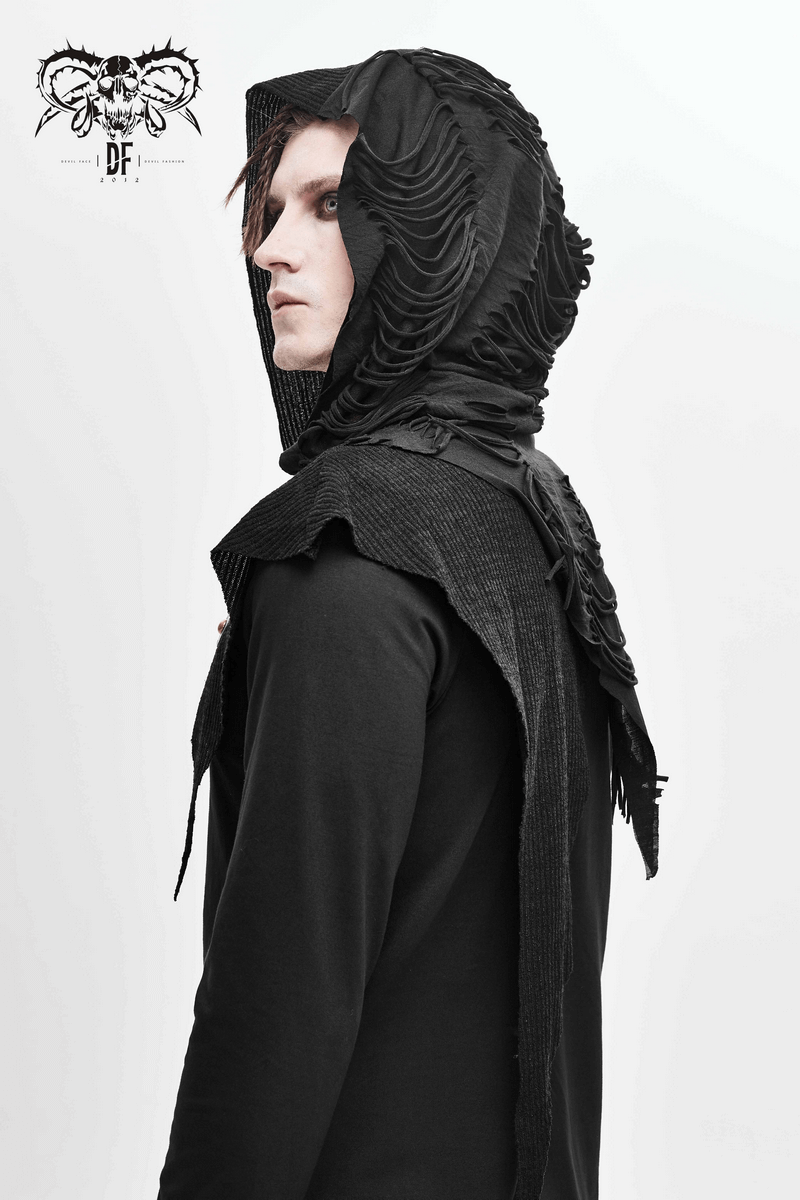 Profile view of a gothic punk long sleeve hoodie with ruffled details and a hood, perfect for alternative fashion.