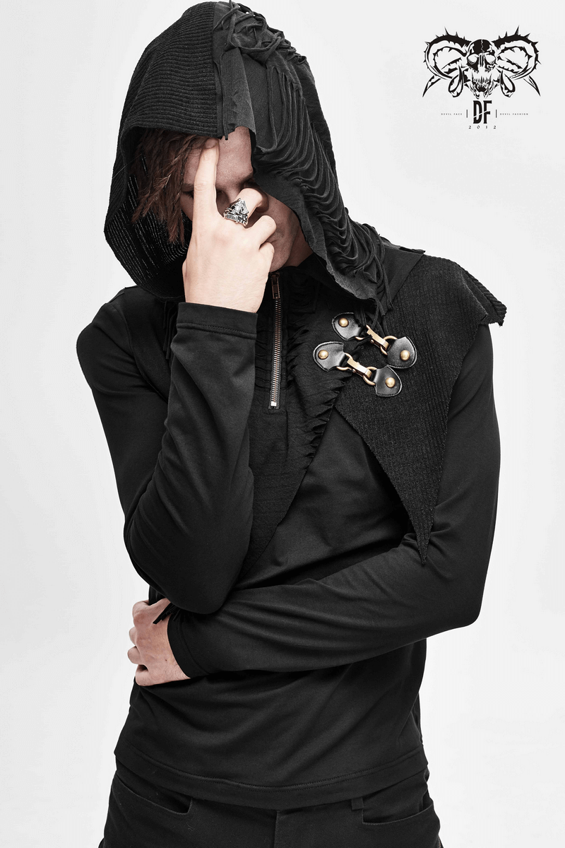 Men's gothic punk style black hoodie with cutout, silver zipper, and unique design details, perfect for alternative fashion.