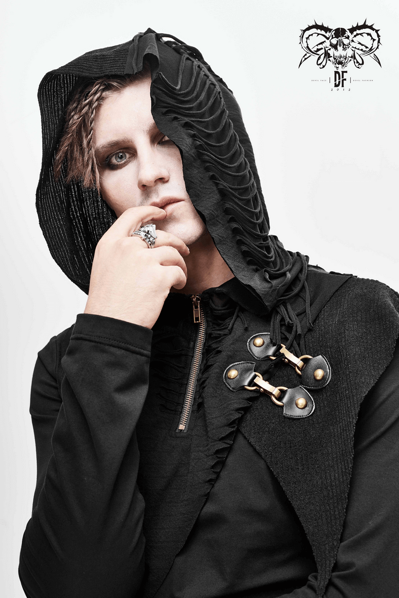 Men's gothic hoodie with cutout design, stylish zipper details, perfect for alternative fashion enthusiasts.