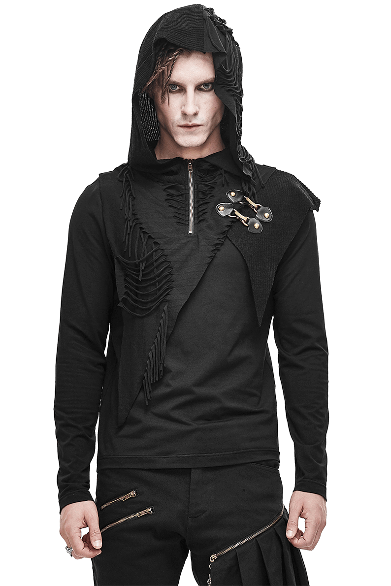 Gothic punk men's black hoodie with cutouts and silver zipper, perfect for alternative fashion enthusiasts.