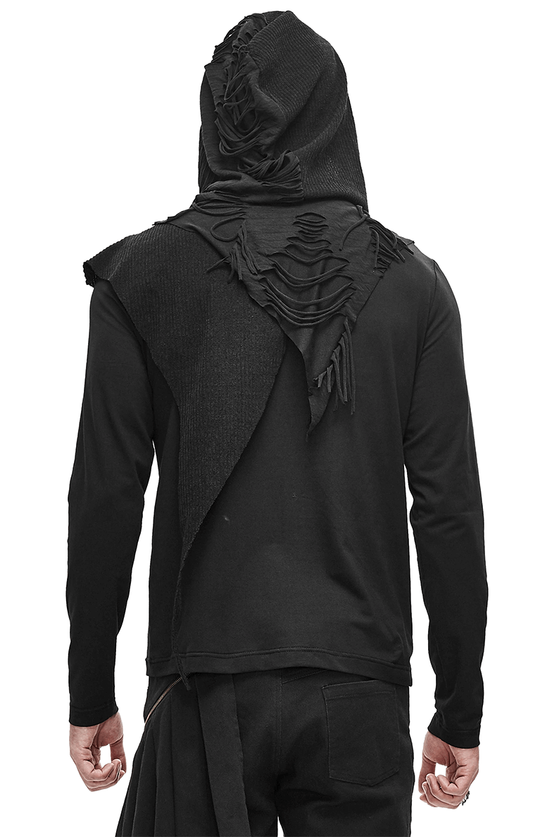 Back view of Gothic punk style black hoodie with cutout design and distressed details, perfect for alternative fashion.