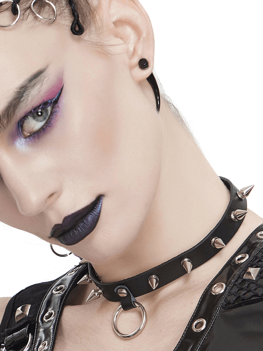 Gothic Punk Style Rivets Choker / Unisex Black Leather Choker with O-Ring - HARD'N'HEAVY