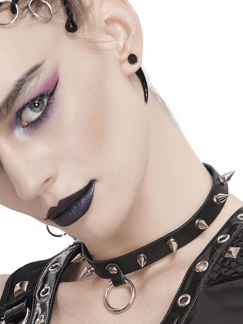 Gothic Punk Style Nieten Choker / Unisex Schwarzer Leder Choker mit O-Ring