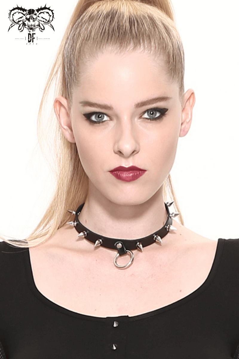 Gothic punk style unisex black leather choker with spikes and O-ring, trendy accessory for a bold look.