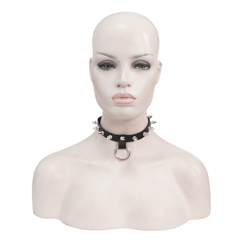 Gothic punk unisex black leather choker with spikes and O-ring, perfect trendy accessory for punk fashion.