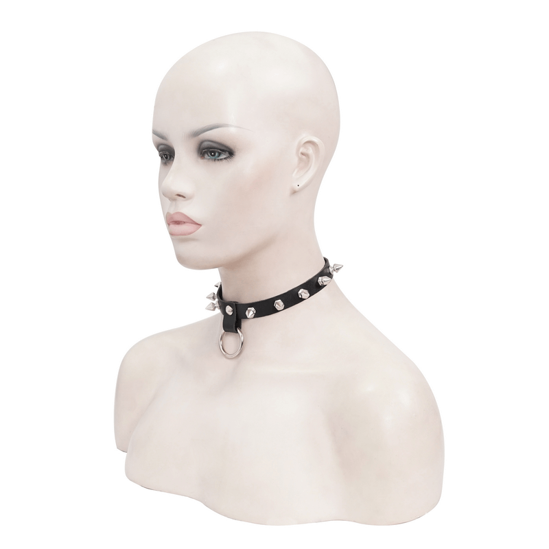 Gothic punk black leather choker with spikes and O-ring displayed on a mannequin bust.