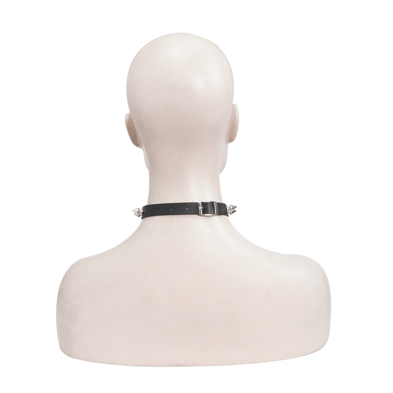 Back view of unisex black leather choker with rivets on a mannequin, perfect for gothic punk style.