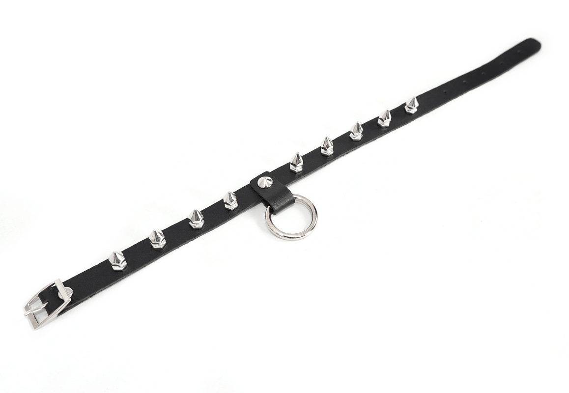 Gothic punk style choker, black PU leather with spikes and O-ring, trendy accessory for unisex fashion lovers.