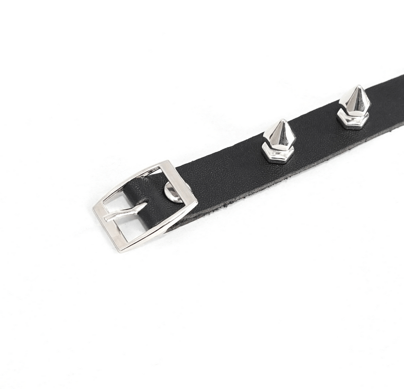 Gothic punk style black leather choker with spikes and buckle, perfect for a trendy accessory look.