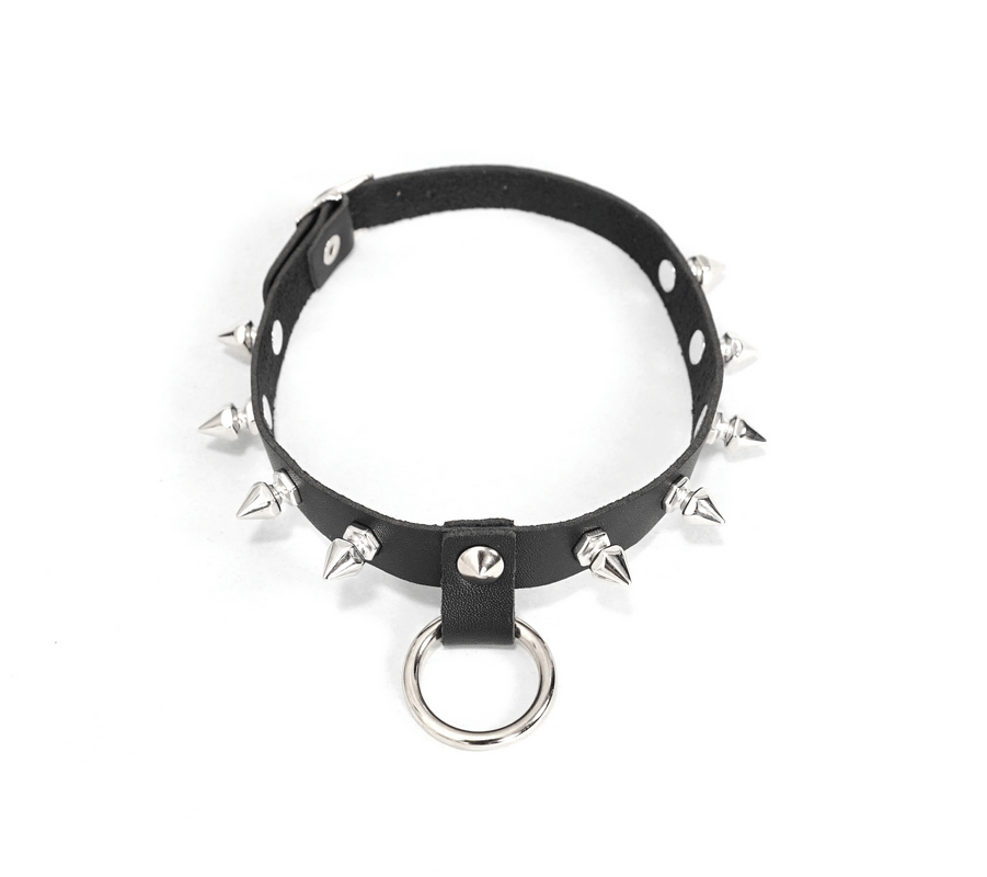 Gothic punk black leather choker with silver spikes and O-ring, perfect accessory for trendy punk style.