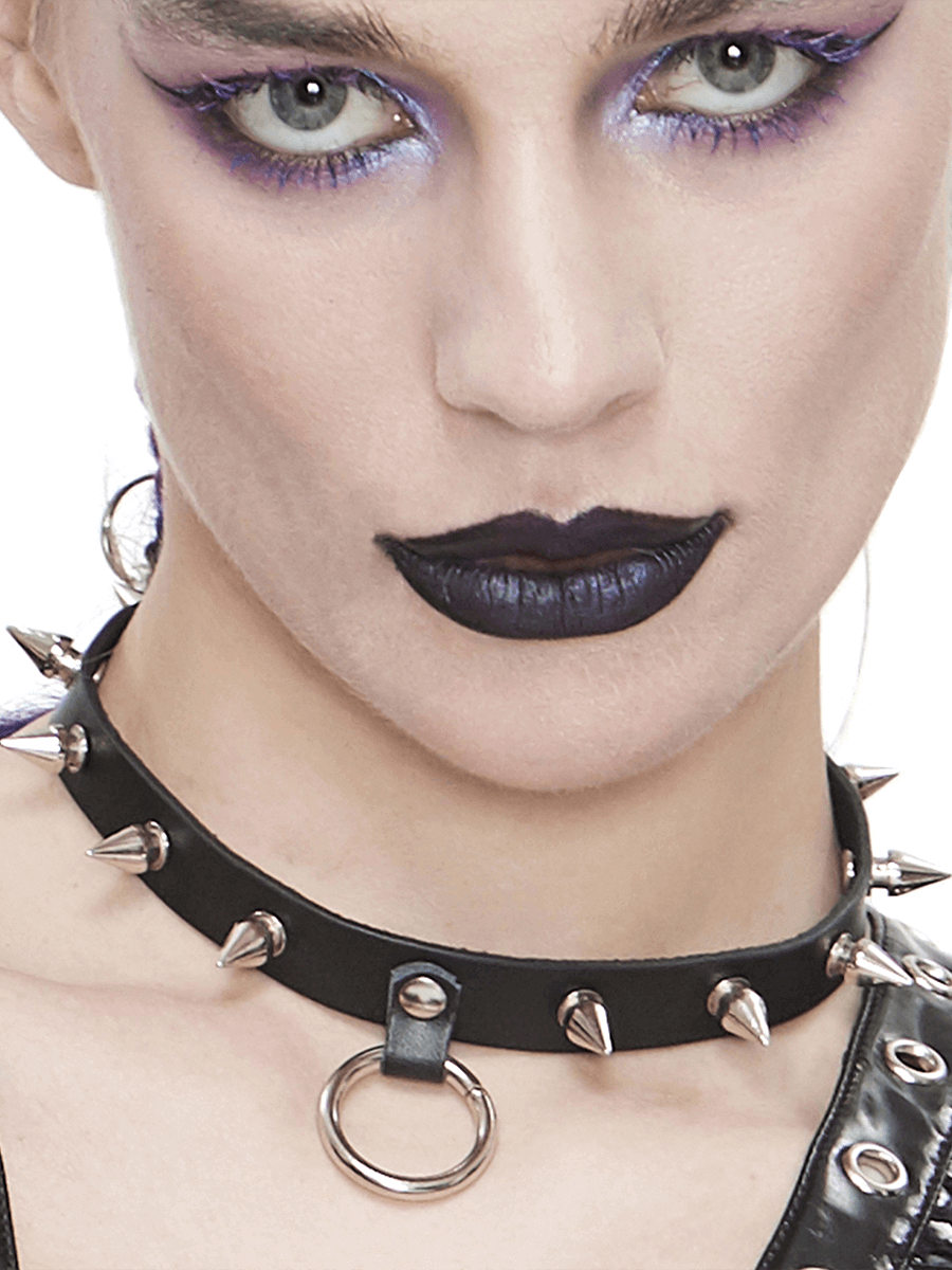 Gothic Punk Style Rivets Choker / Unisex Black Leather Choker with O-Ring - HARD'N'HEAVY