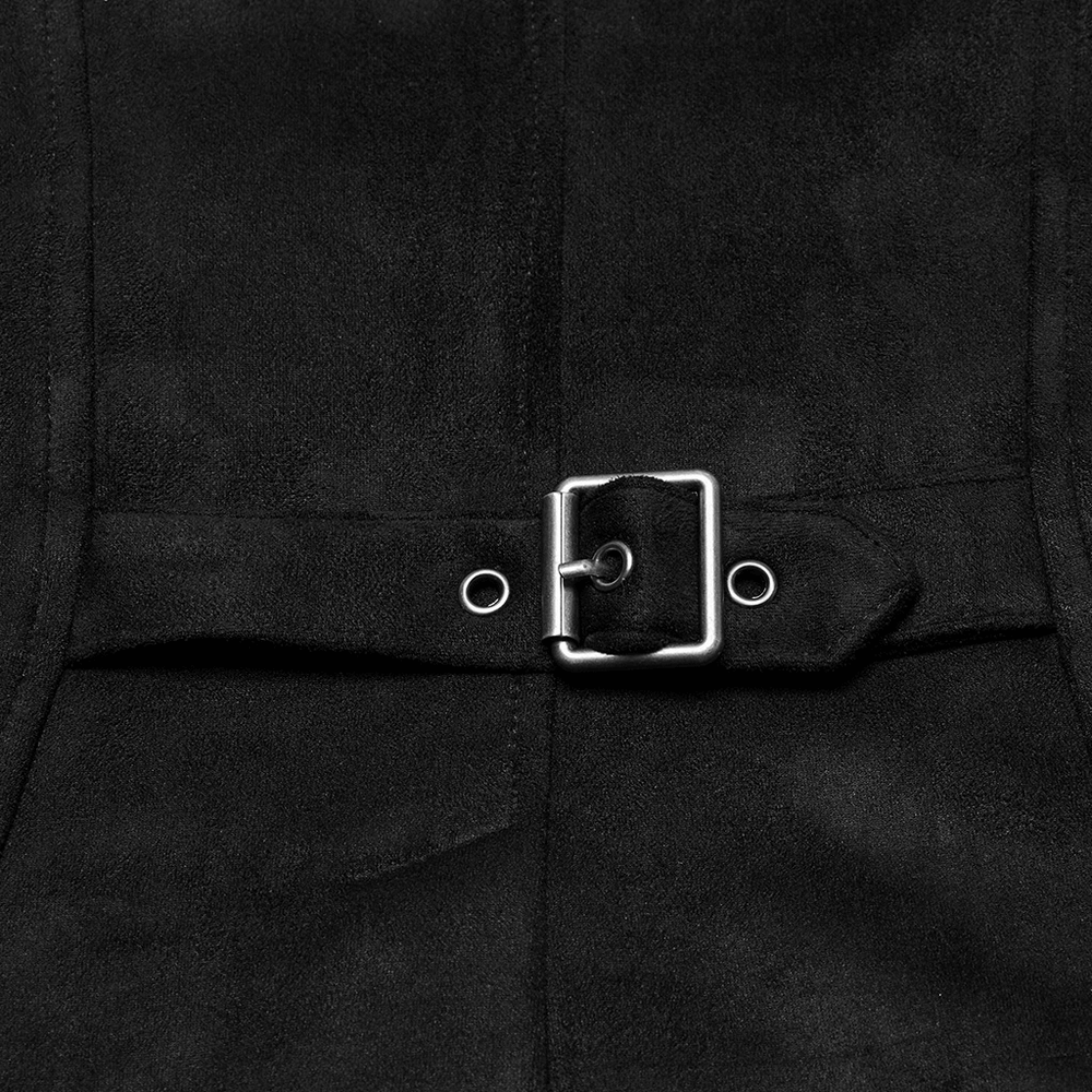 Close-up of suede vest buckle showcasing edgy design and metal detail for gothic punk style.