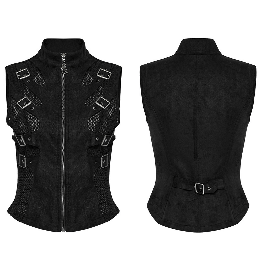 Gothic punk suede vest with skeleton cutouts, buckles, and zippers, perfect for edgy fashion lovers.