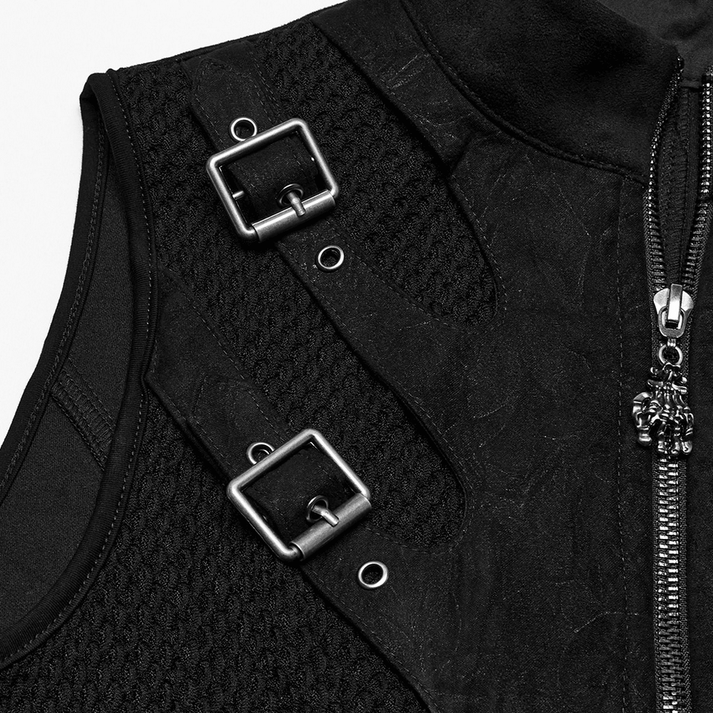 Close-up of Gothic punk suede vest featuring adjustable buckles and metal zipper for edgy style.
