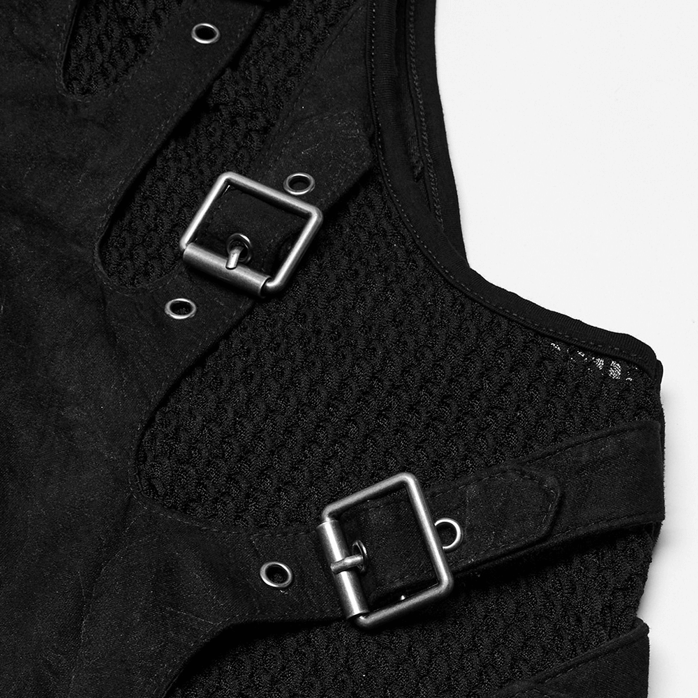 Close-up of gothic punk suede vest featuring buckle details and mesh paneling for a rebellious style.