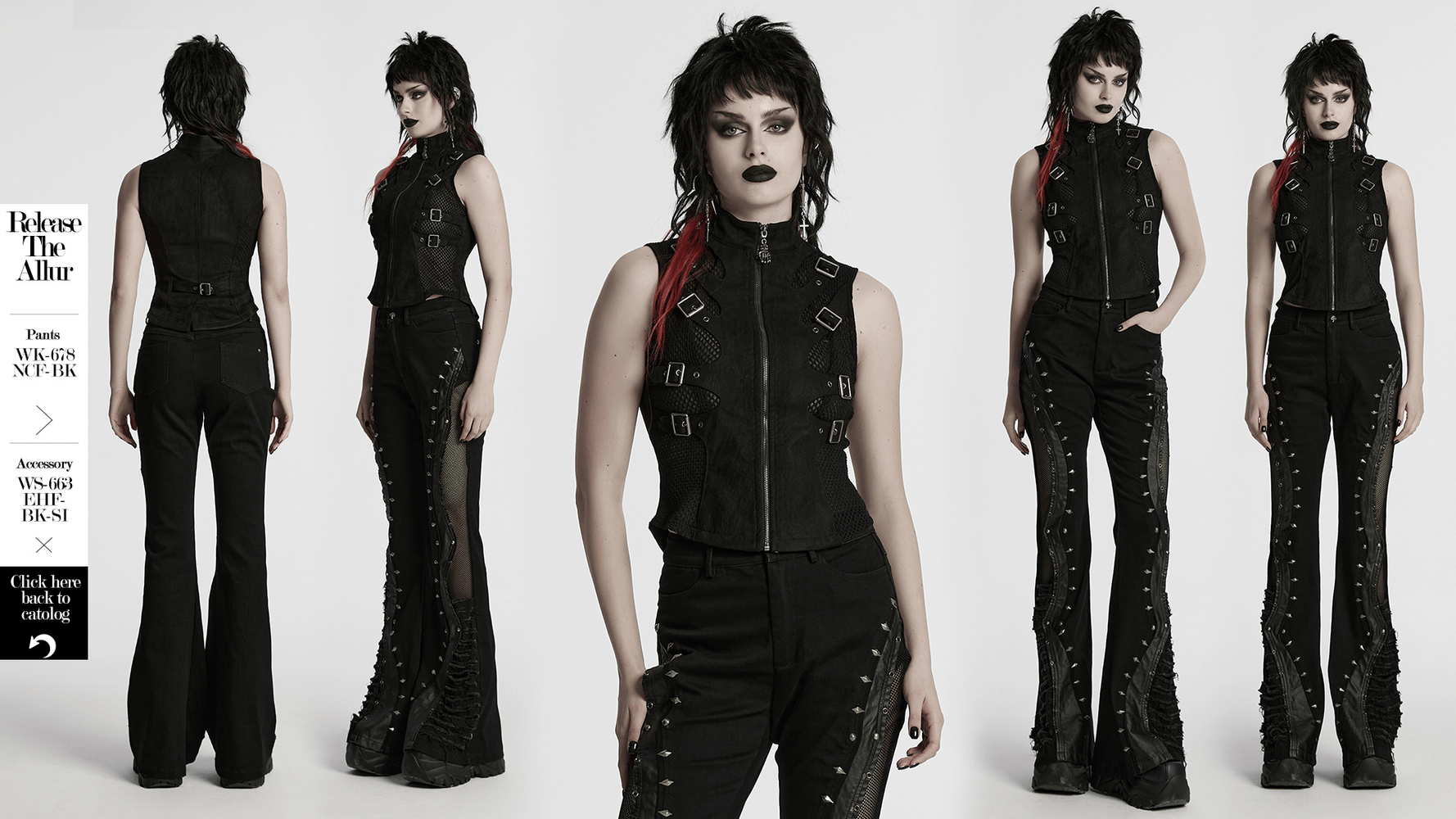 Gothic punk suede vest with skeleton cutouts and buckles, model showcasing edgy fashion style.