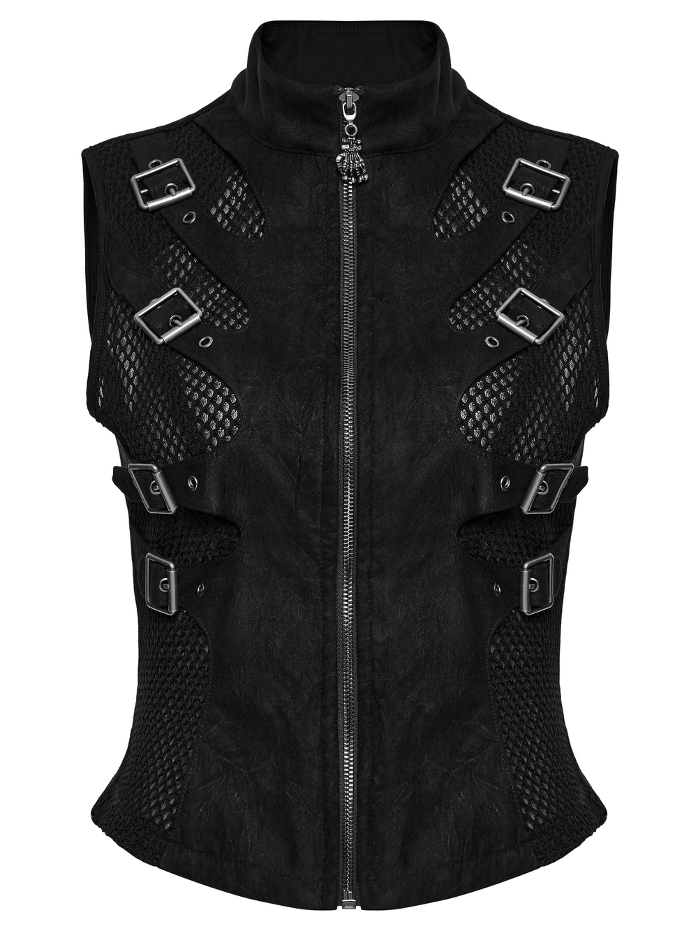 Gothic punk suede vest with buckle and skeleton cutouts, featuring a stylish metal zipper and mesh details.