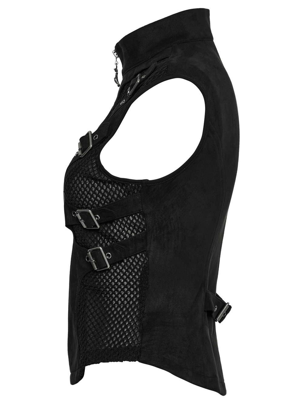 Gothic punk suede vest with skeleton cutouts, buckles, and mesh detailing, perfect for edgy fashion lovers.