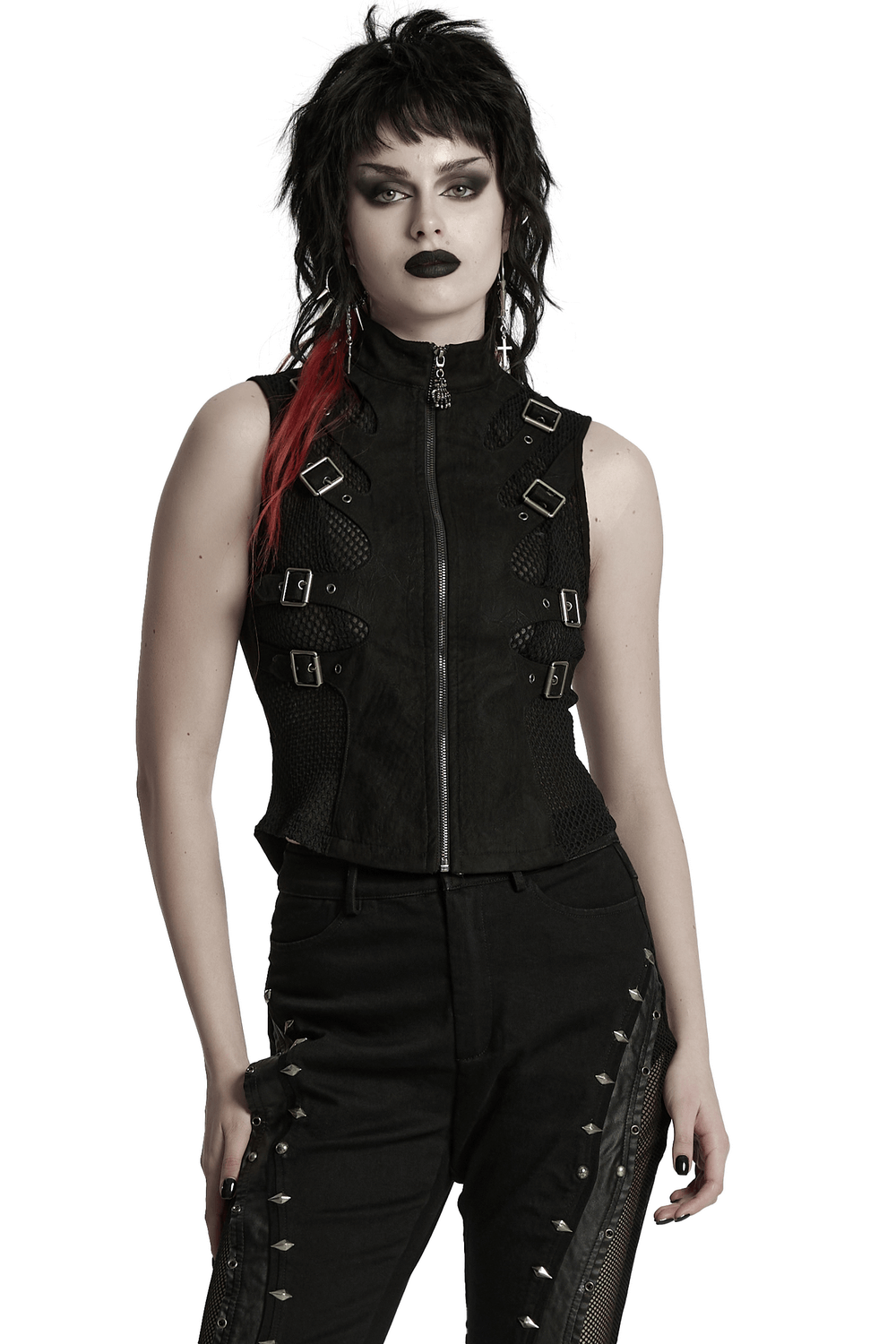 Gothic punk suede vest with buckle details and skeleton cutouts, perfect for edgy fashion lovers.
