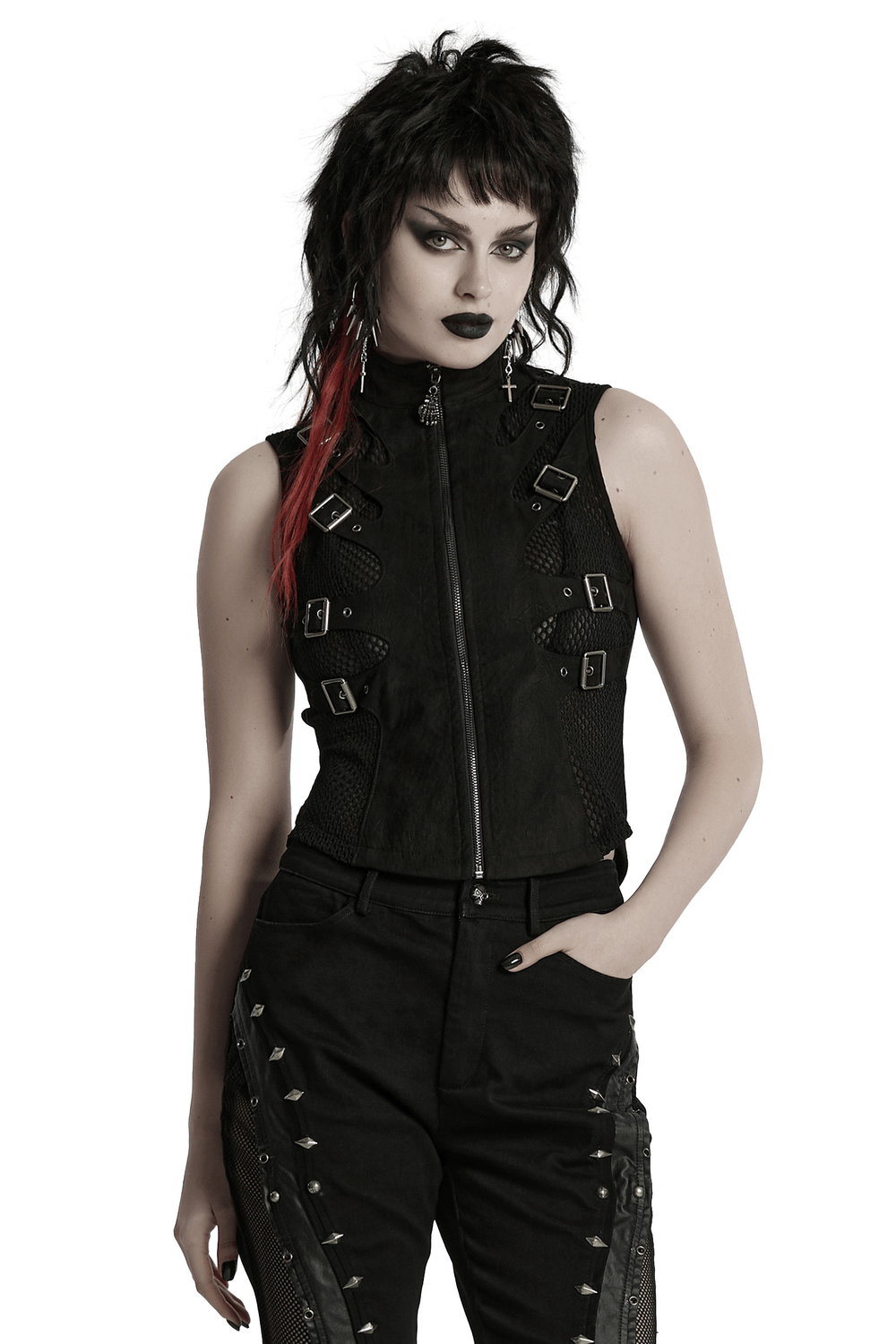 Gothic punk suede vest with skeleton cutouts, buckles, and metal zipper, worn by model with a bold look.