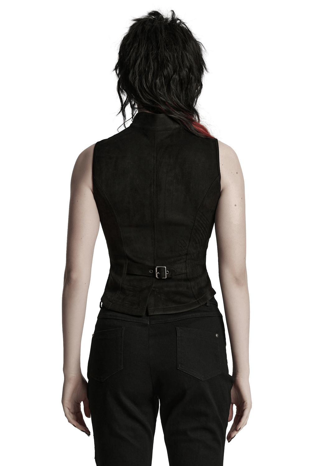 Back view of a Gothic Punk Suede Vest with buckle, featuring a sleek design and edgy texture.