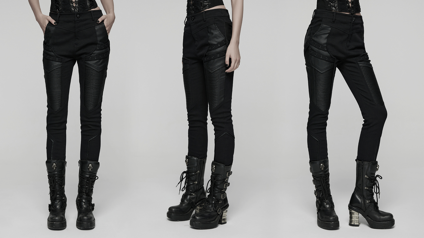Gothic Punk Techwear Pants with Leather Panel Details shown from multiple angles, paired with stylish combat boots.
