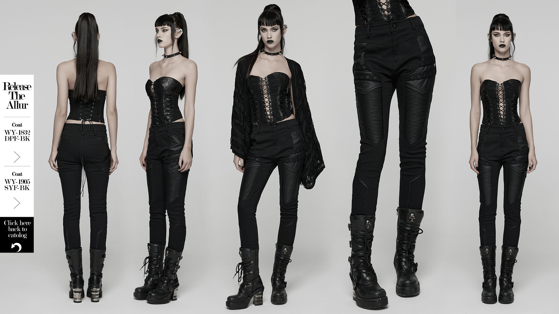 Gothic Punk Techwear Pants with Leather Panel Details worn by model in stylish dark outfit.