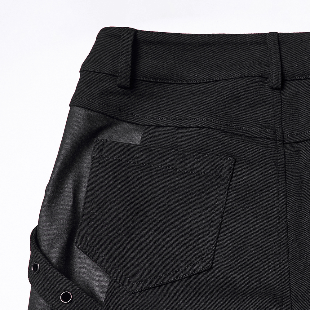 Gothic Punk Techwear Pants with Leather Panel Details close-up of back pocket and leather panel.
