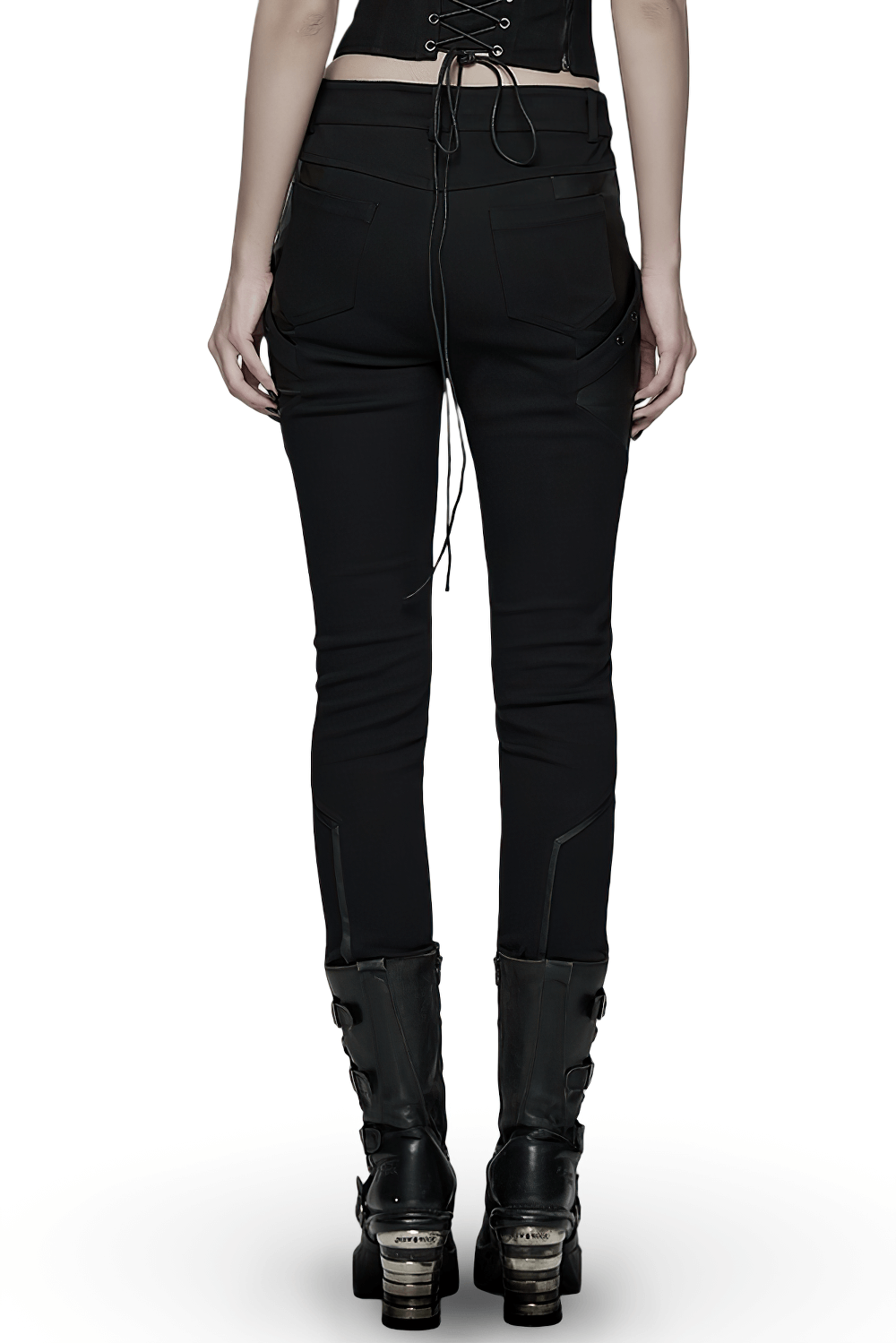 Back view of Gothic Punk Techwear Pants with Leather Panel Details paired with stylish black boots.